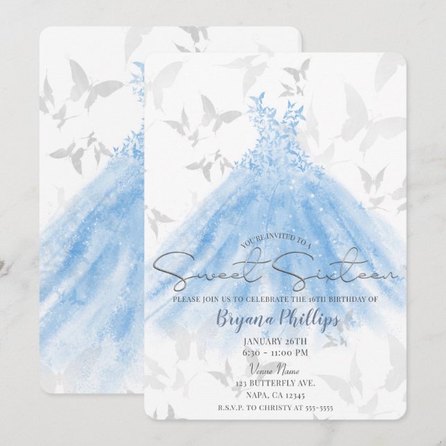 Butterfly Dance Blue Sparkle Dress Sweet 16 Party Einladung (Vorne/Hinten)