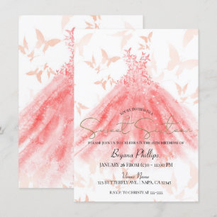 Butterfly Dance Coral Dress Gold Sweet 16 Party Einladung