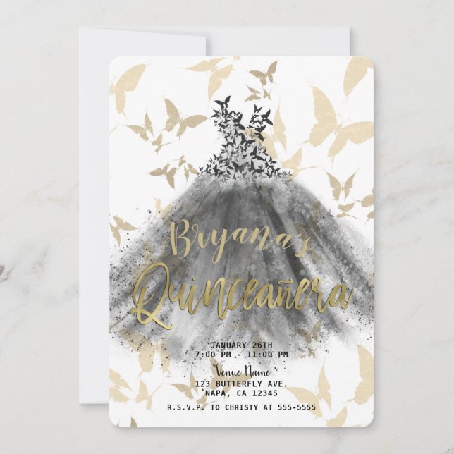 Butterfly Dance Dress Black & Gold Quinceñera 15 Einladung (Vorderseite)