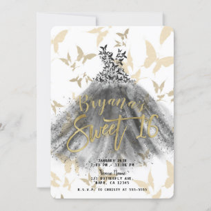 Butterfly Dance Dress Black & Gold Sweet 16 Einladung