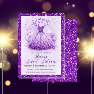 Butterfly Dance Glitter Purple Dress Sweet 16 Einladung