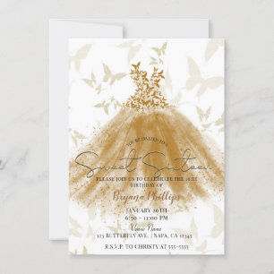 Butterfly Dance Gold Sparkle Dress Sweet 16 Party Einladung