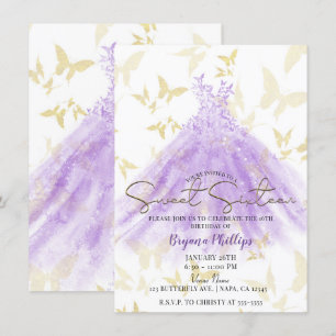 Butterfly Dance Lila Dress Gold Sweet 16 Party Einladung
