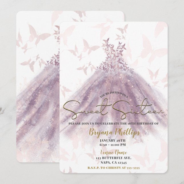 Butterfly Dance Mauve Sparkle Dress Gold Sweet 16 Einladung (Vorne/Hinten)