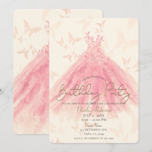 Butterfly Dance Peach Sparkress Birthday Party Einladung (Vorne/Hinten)
