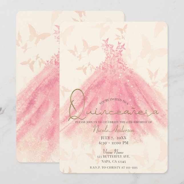 Butterfly Dance Peach Sparkress Quinceañera Einladung (Vorne/Hinten)
