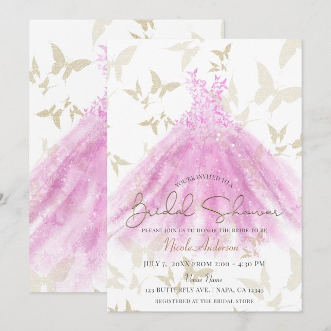 Butterfly Dance Pink Gold Dress Brautparty Einladung (Vorne/Hinten)