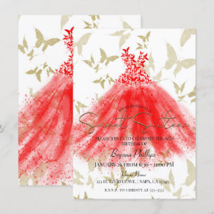 Butterfly Dance Red Dress Gold Sweet 16 Party Einladung