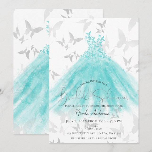 Butterfly Dance Türkis Dress Brautparty Einladung (Vorne/Hinten)