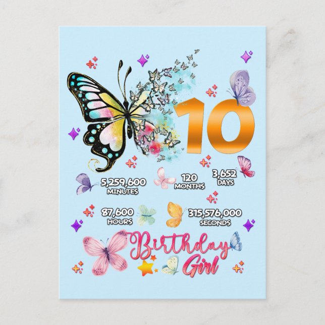 Butterfly Double Digits 10 Jahre alte Schmetterlin Einladungspostkarte (Vorderseite)