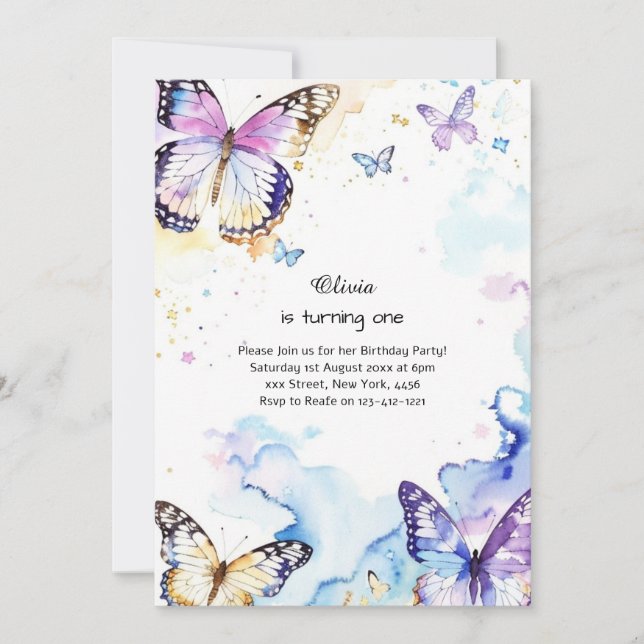 Butterfly Einladung zum ersten Geburtstag (Vorderseite)
