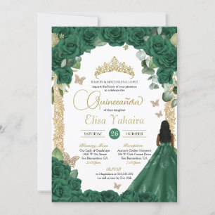 Butterfly Emerald Green Gold Princess Quinceanera Einladung