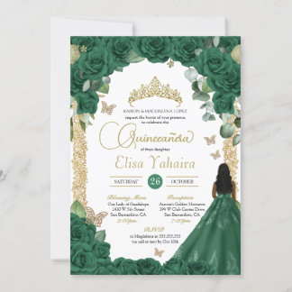 Butterfly Emerald Green Gold Princess Quinceanera Einladung