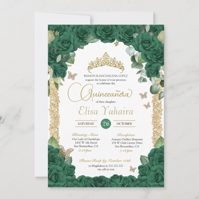 Butterfly Emerald Green Rose und Gold Quinceanera Einladung (Vorderseite)