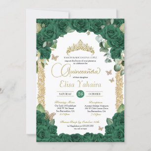 Butterfly Emerald Green Rose und Gold Quinceanera Einladung