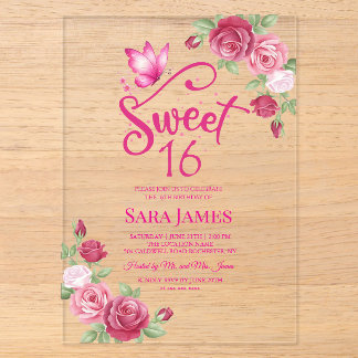 Butterfly Enchanted Rose Sweet 16 Birthday Acryleinladungen