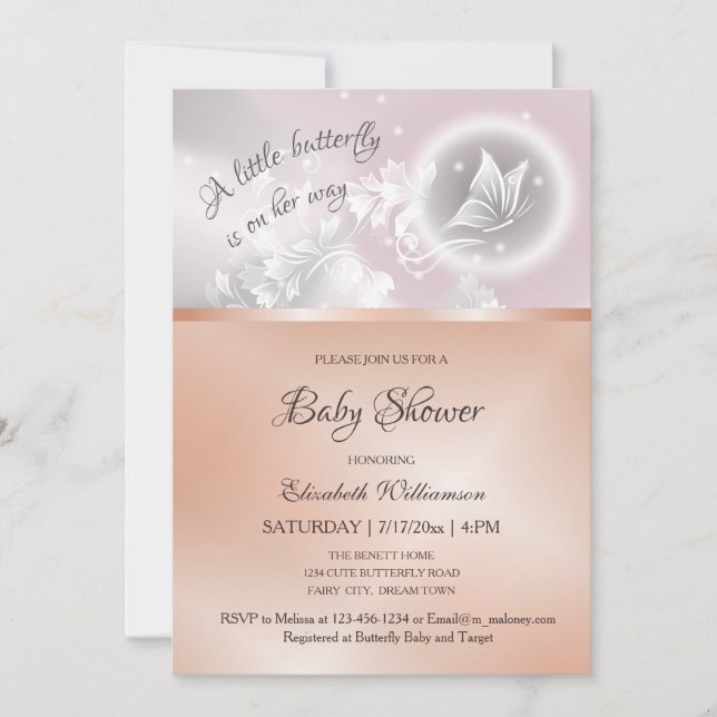 Butterfly Fantasy | Rose Gold Foil Babydusche Einladung (Vorderseite)