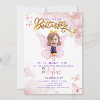Butterfly First Birthday Girl 1. Einladung