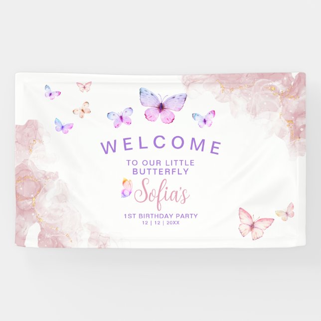 Butterfly First Birthday Girl 1. Pink Banner (Horizontal)