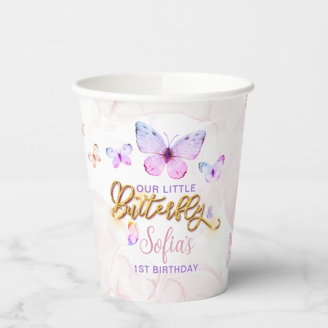 Butterfly First Birthday Girl 1st Pink Lila Pappbecher (Links)