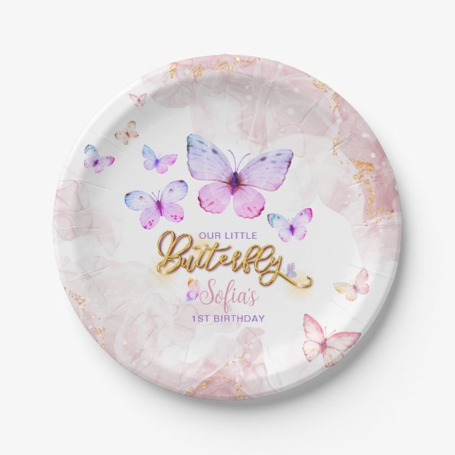 Butterfly First Birthday Girl 1st Pink Lila Pappteller (Vorderseite)