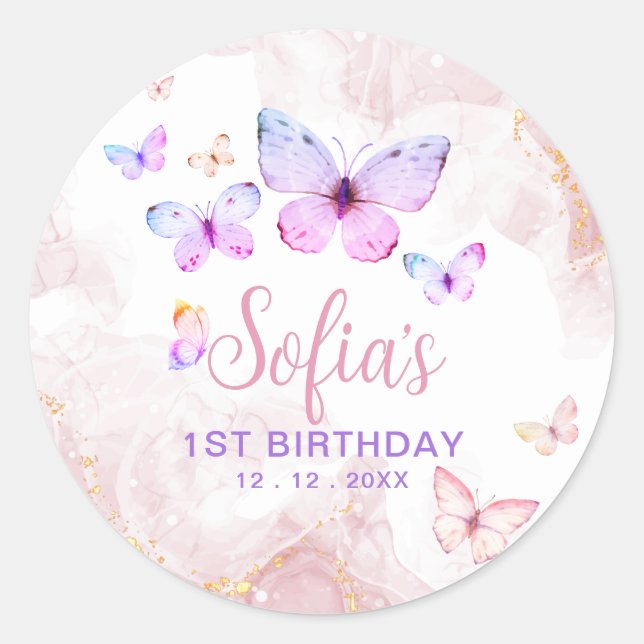 Butterfly First Birthday Girl 1st Pink Lila Runder Aufkleber (Vorderseite)