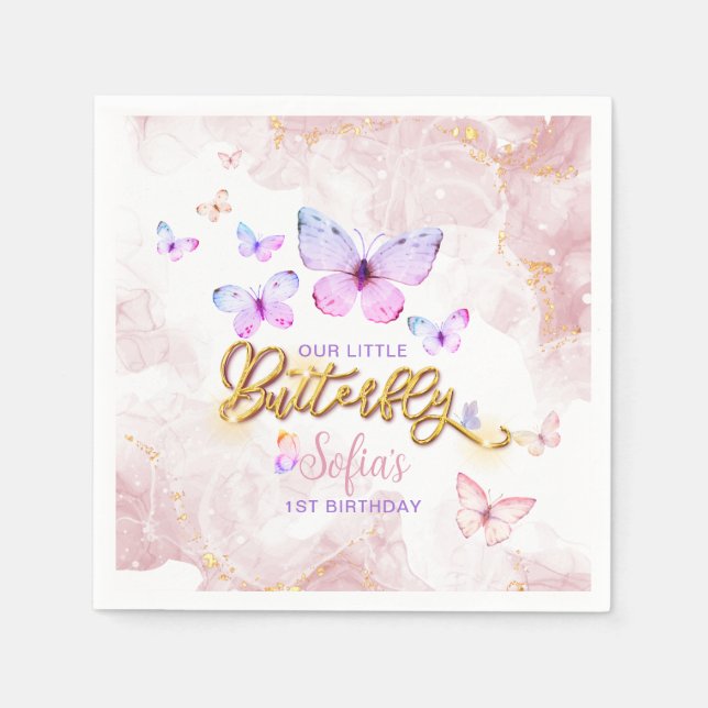 Butterfly First Birthday Girl 1st Pink Lila Serviette (Vorderseite)