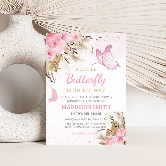 Butterfly Floral Baby Shower  Einladung (Pink Butterfly Baby Shower Invitation)