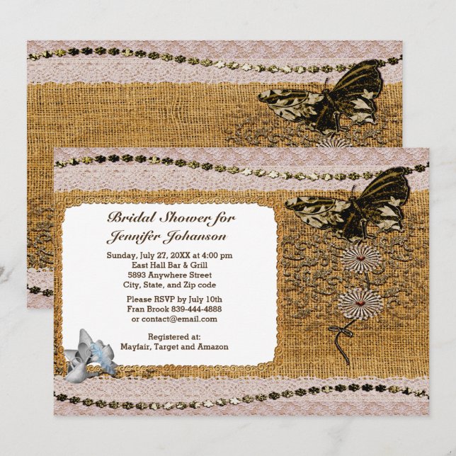 Butterfly Floral Beads Lace & Burlap Brautparty Einladung (Vorne/Hinten)
