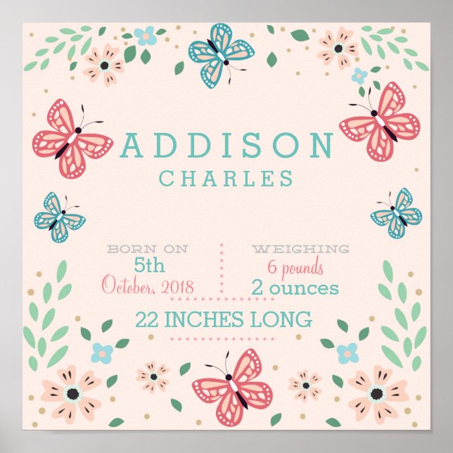 Butterfly Floral Garden Baby Stats Poster (Vorne)