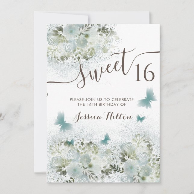 Butterfly floral garden sweet sixteen invitation (Devant)