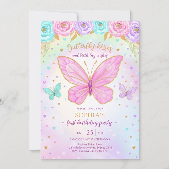 Butterfly Floral Girl Birthday Invitation (Devant)