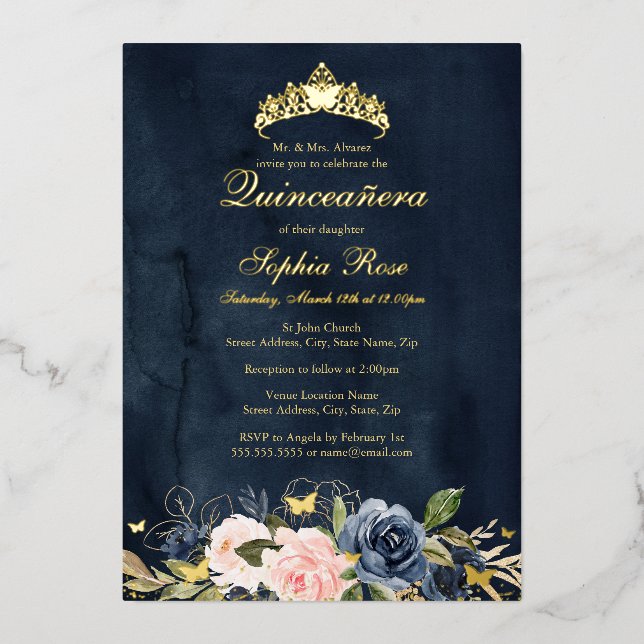 Butterfly Floral Navy Pink Quinceanera Folieneinladung (Vorderseite)