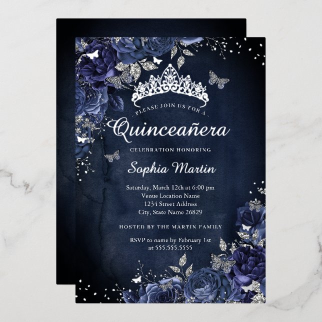 Butterfly Floral Navy Quinceanera Folieneinladung (Vorderseite/Rückseite)