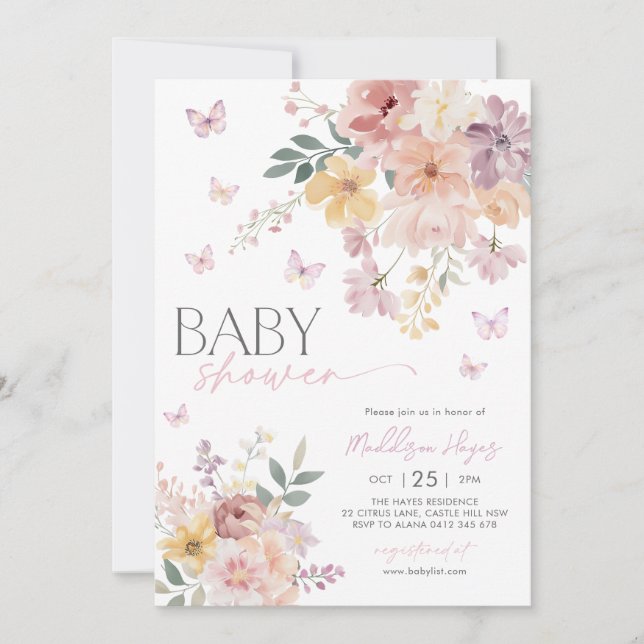 Butterfly Floral Pfirsich Pink Lila Baby Dusche Einladung (Vorderseite)
