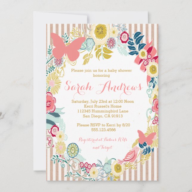 Butterfly Floral Pink Baby Shower Girl Einladung (Vorderseite)
