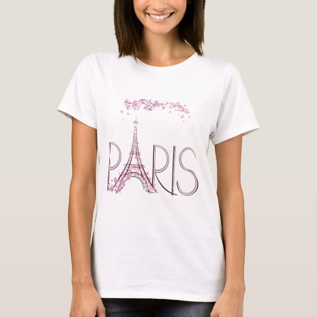 Butterfly Floral Pink Paris Eiffelturm T-Shirt (Vorderseite)
