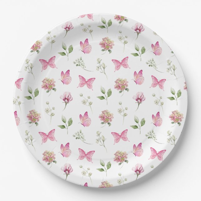 Butterfly Floral Pink White Baby Dusche Pappteller (Vorderseite)
