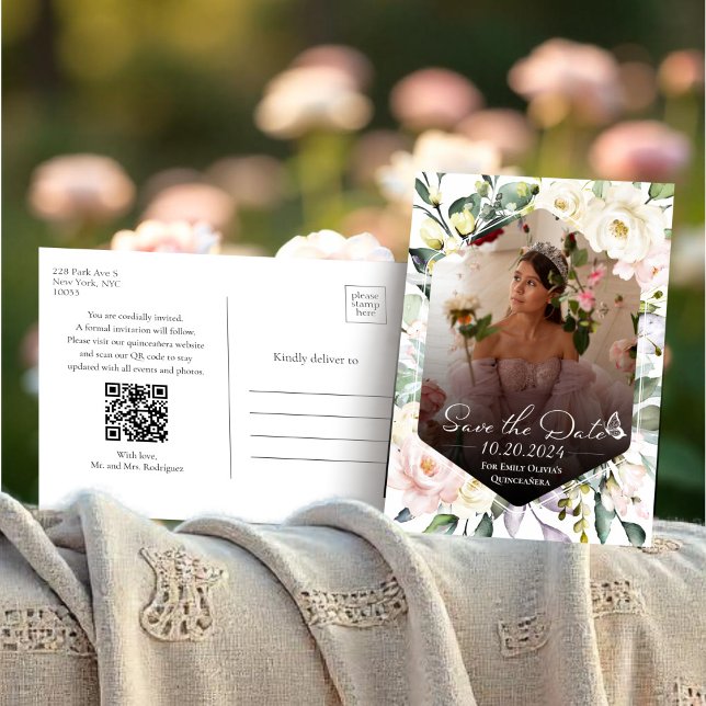 Butterfly Floral Quinceanera Foto Save the Date Postkarte (Von Creator hochgeladen)
