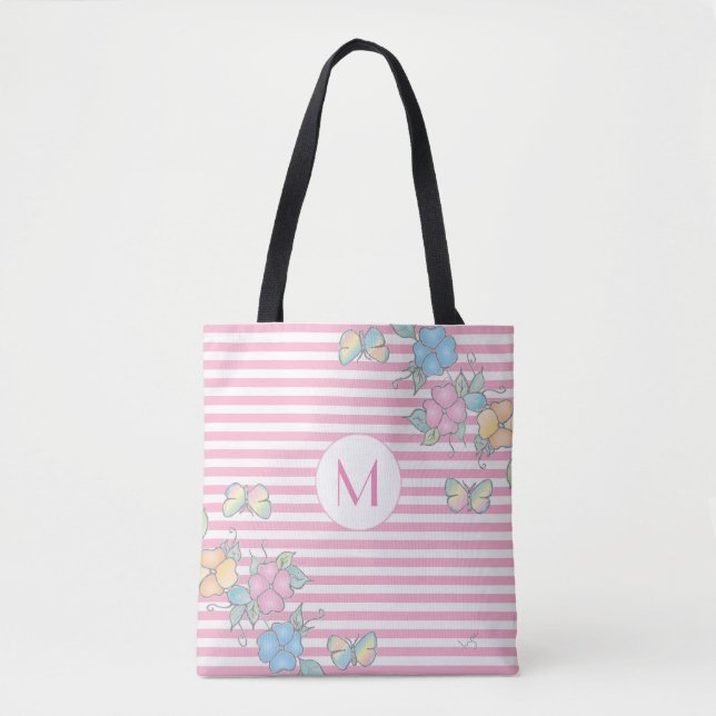 Butterfly Floral Streifen Monogramm Rosa Tasche (Vorderseite)