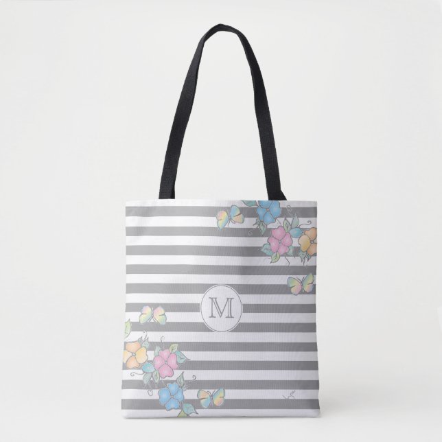 Butterfly Floral Strip Monogramm Grau Tote Beutel Tasche (Vorderseite)