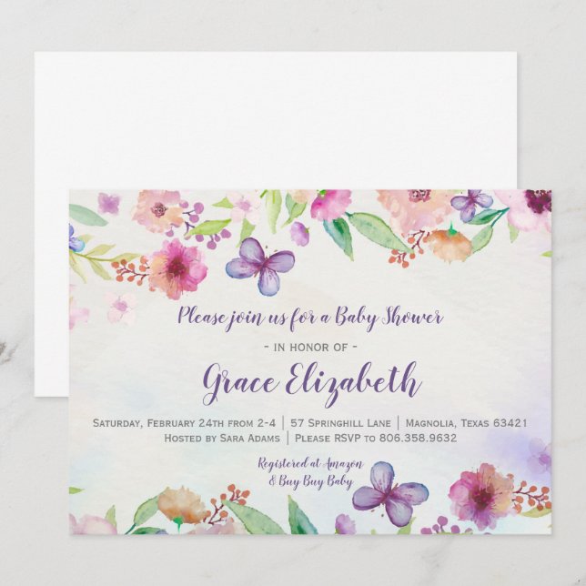 Butterfly Floral Watercolor Babydusche Einladung (Vorne/Hinten)