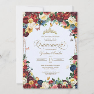 Butterfly Floral Watercolor Blue Quinceañera Einladung