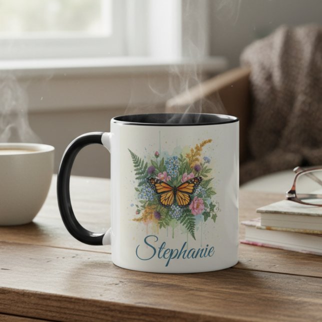 Butterfly Floral Wreath Two-Tone Coffee Mug Tasse (Personalized floral monarch butterfly coffee mug)