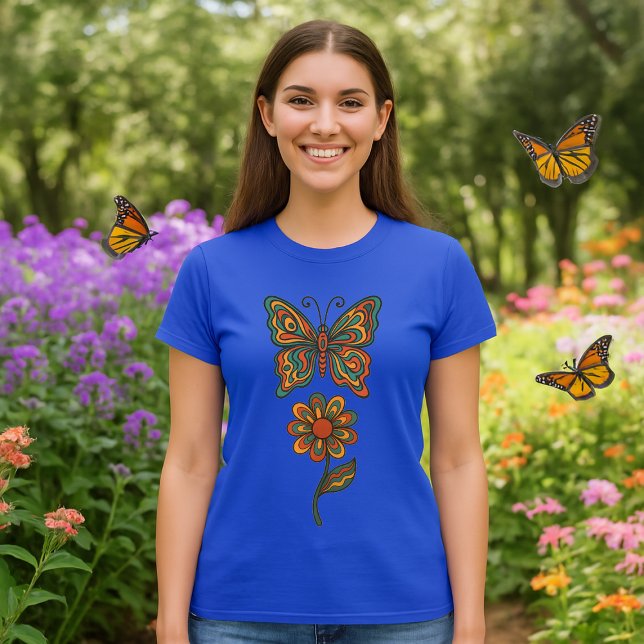 Butterfly & Flower Retro 70's Art T-Shirt (Von Creator hochgeladen)