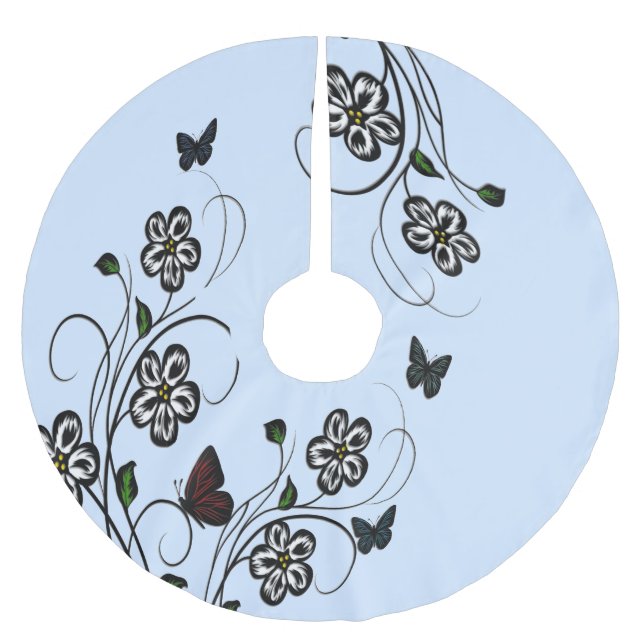 Butterfly Garden Blue Polyester Weihnachtsbaumdecke (Vorderseite)