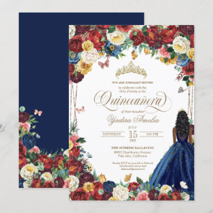 Butterfly Garden Burgundy Blue Floral Quinceanera  Einladung