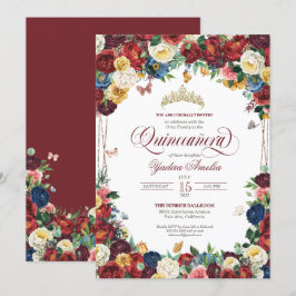 Butterfly Garden Burgundy Royal Floral Quinceanera Einladung