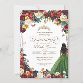 Butterfly Garden Green Gown Floral Quinceanera Einladung