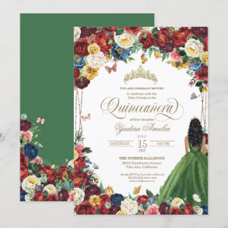 Butterfly Garden Green Gown Royal Red Quinceanera Einladung